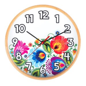 Zegar ścienny w drewnianej ramie, ozdobiony łowickimi kwiatami
